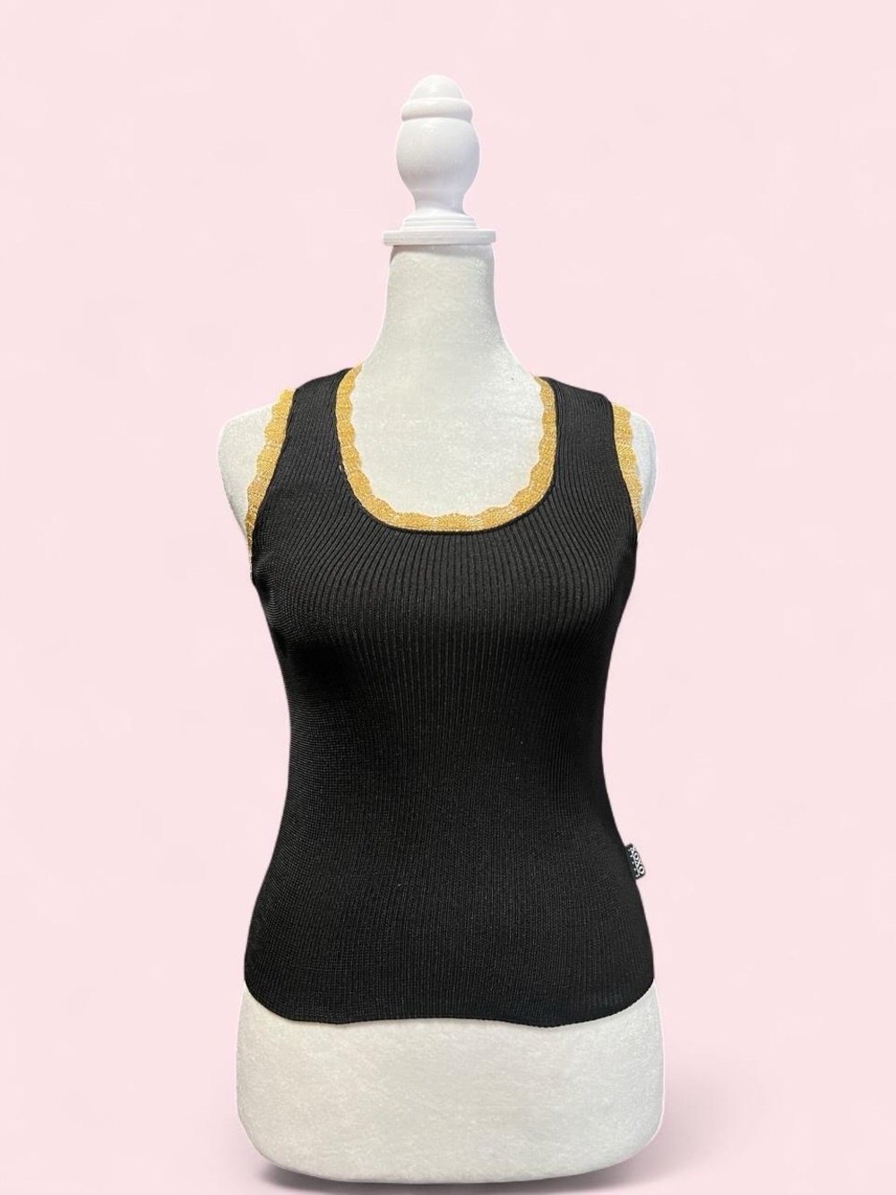 Small XOXO Black Ribbed Tank Top with Gold Trim - Women